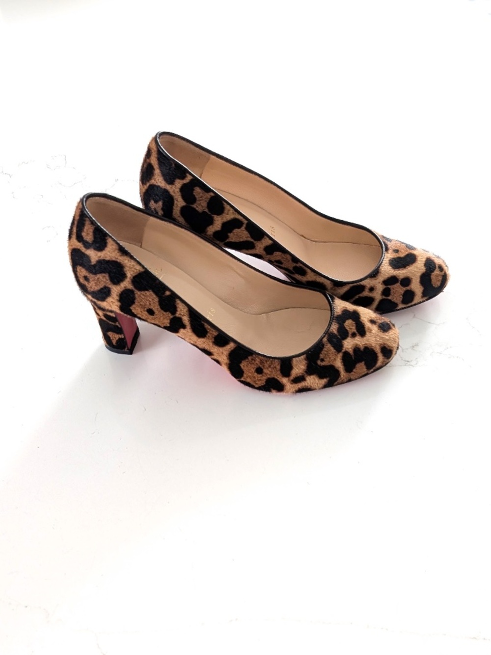 Christian Louboutin Leopard Pony Hair Block Heel Pumps Red Sole EU 36 US 6 Box